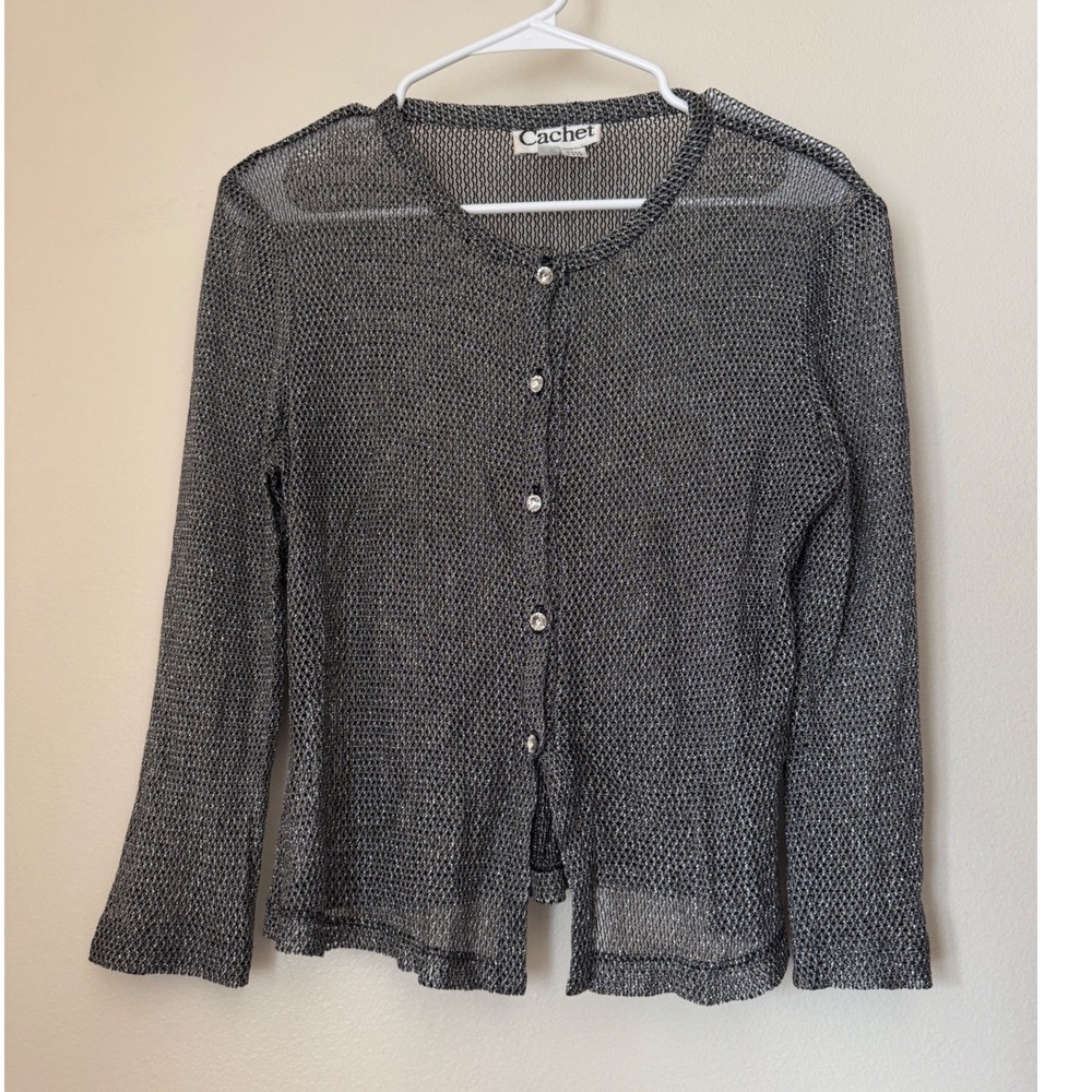 Vintage Cachet Metallic Silver Mesh Cardigan Rhinestone Button Top 80s 90s USA 8